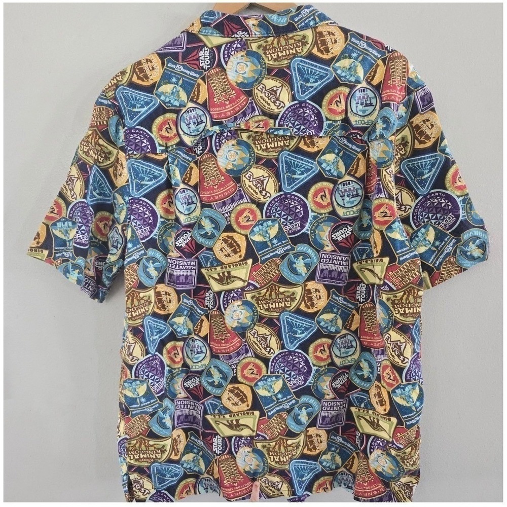 Disney Parks Mens SZ L  Attraction Patch Print Lyocell Cotton Button Front Shirt